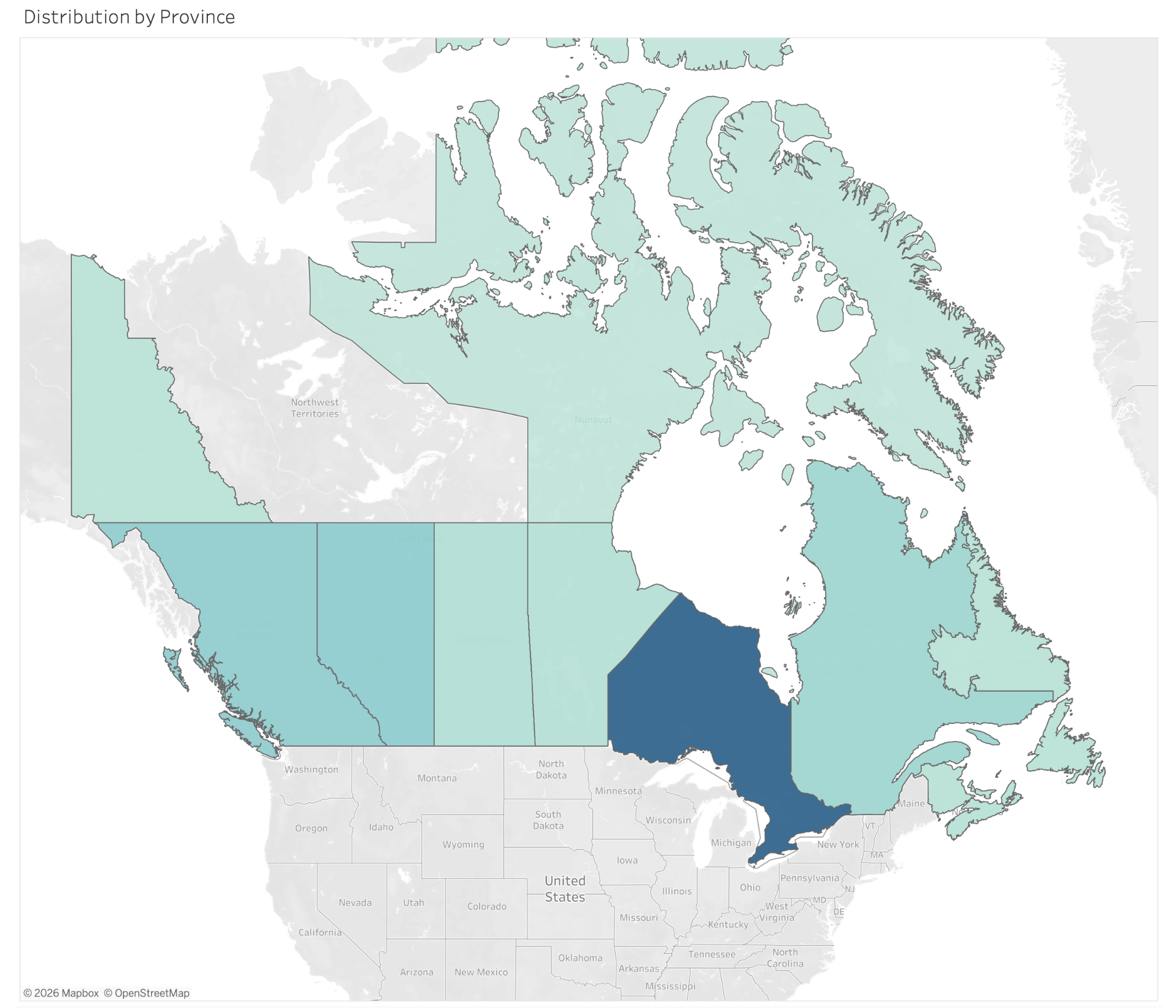 Heatmap of Canada showing cybersecurity job demand distribution by province